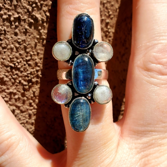 New Kyanite & Rainbow Moonstone 925 Silver Ring. - Picture 3 of 11